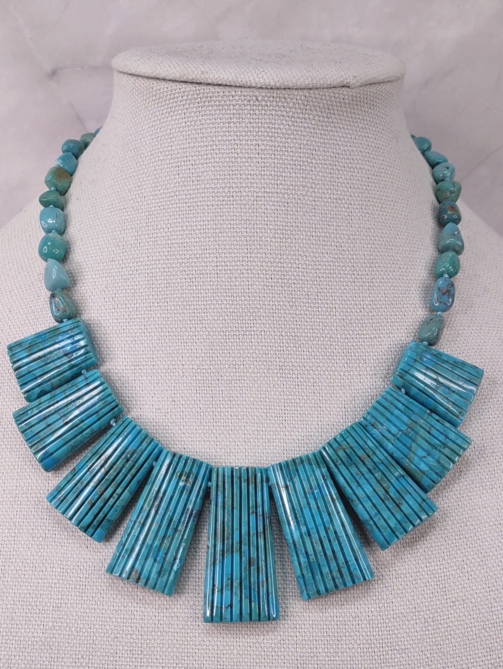 Sally C Treasures Reversible Carved Turquoise Fan Statement Necklace